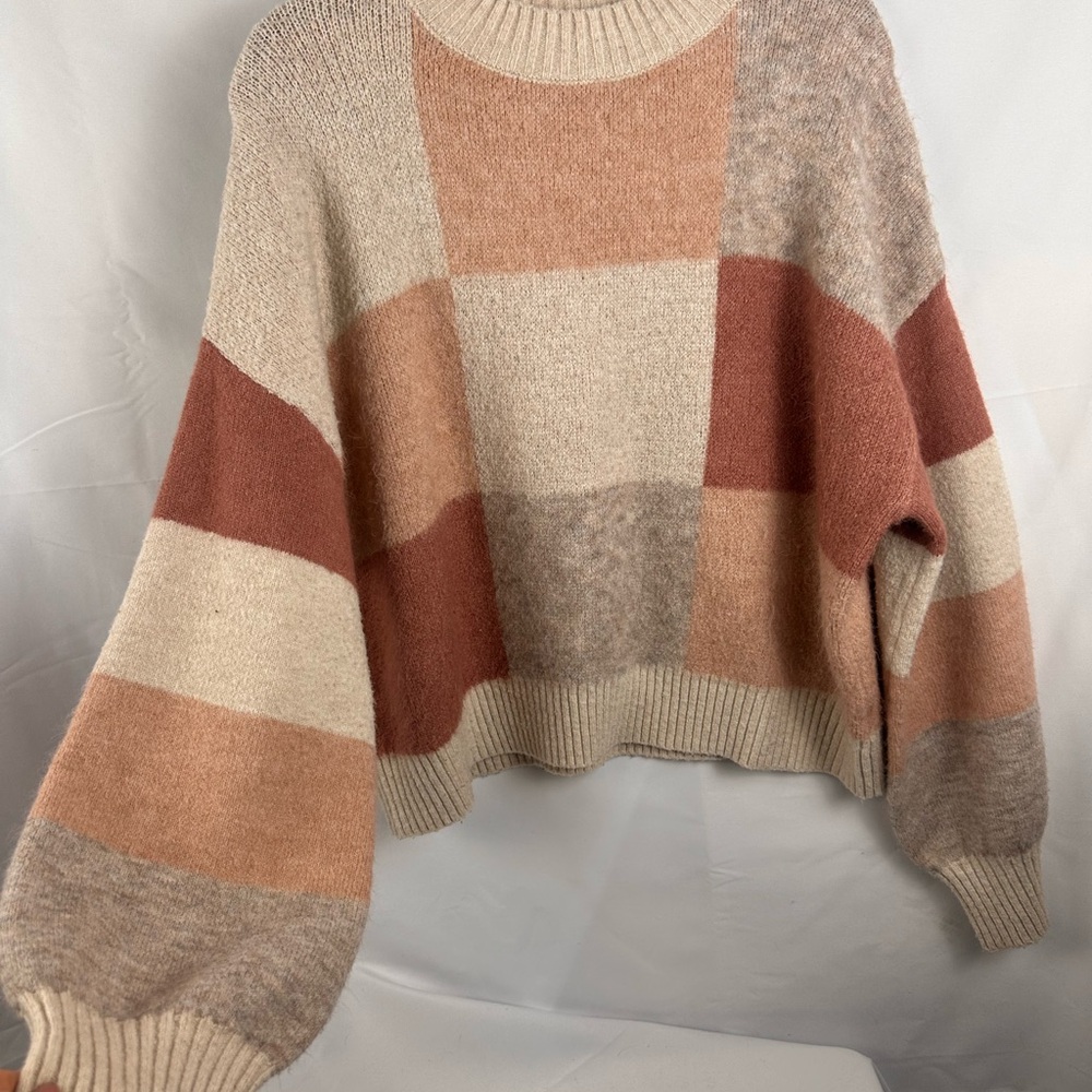 Altar'd State Patchwork Knit Sweater - Cream, Tan, Brown
